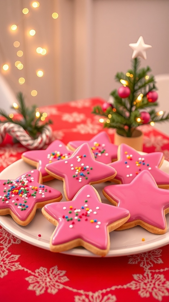 A festive plate of pink Christmas cookies with sprinkles on a red tablecloth, surrounded by holiday decorations.